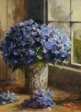 Mat Grogan, Blue Hydrangeas, oil on board