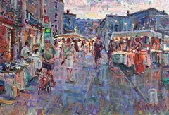 Arthur K. Maderson, Le Marche de Nuit, Dusk, le Vigan, Sud France, oil on board
