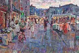 Le Marche de Nuit, Dusk, le Vigan, Sud France by Arthur K. Maderson, oil on board, sold May 2018