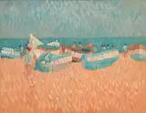 Beached, Nerja by Desmond Carrick, oil on board, sold May 2018