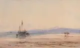 James Webb British, A Coastal Scene at Sunset, watercolour