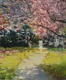 Cherry Blossom, Mount Usher by Norman J. McCaig, oil on canvas board, sold May 2018