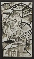 Evie Hone, Study for Stained Glass Panel (Horseman and Hound), gouache on paper