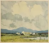 Paul Henry, Cottages by a Bogland Lake, photolithographic print
