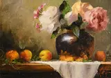 Mat Grogan, Still Life - Fruit and Flowers, oil on board