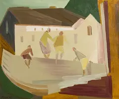 Elizabeth Rivers, Children Climbing a Wall, oil on canvas