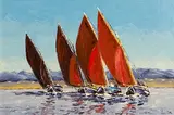 Ivan Sutton, Galway Hookers Racing Carraroe Bay, Co Galway, oil on canvas board