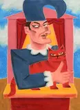 Mr Punch and Cat by Graham Knuttel, pastel, sold Mar 2018