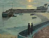 Ciaran Clear, Harbour in Moonlight, oil on board