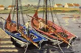 Ivan Sutton, Galway Hookers Berthed at Carraroe Pier, Connemara, Co. Galway, oil on canvas board
