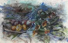 John Keating, Still Life - Fruit and Lilies, 2001, mixed media on handmade paper