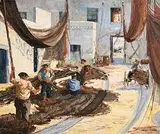 Repairing the Nets by Fergus O'Ryan, oil on canvas board, sold Mar 2018