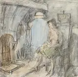 George Campbell, Relaxing by the Fire, watercolour and pencil
