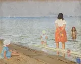 Patrick Leonard, Hilary and the Kids at the Beach, 1949, pastel