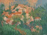 Landscape with Houses Below Frigiliana by Desmond Carrick, oil on board, sold Jan 2018