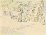 People at the Market by Mary Swanzy, coloured pencil drawing, sold Jan 2018