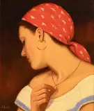 James Cahill, Girl with Red Scarf, oil on canvas on board