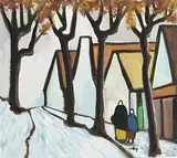 Shawlies and Winter Village by Markey Robinson, gouache on baord, sold Jan 2018