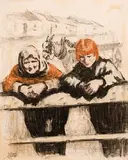William Conor, Shawlie with Red Haired Girl, wax crayon and charcoal
