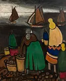 Potato Gatherers on the Coast by Markey Robinson, gouache on board, sold Dec 2017