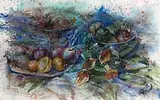 John Keating, Still Life - Fruit and Lilies, 2001, mixed media on handmade paper