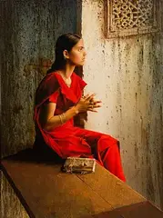 The Girl in the Red Sari by Stanislav V. Plutenko Russian, 2005, oil and tempera on canvas, sold Dec 2017
