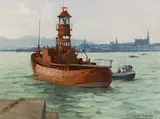 Servicing the Lightship, Dun Laoghaire by James English, oil on canvas board, sold Dec 2017