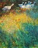 Kenneth Webb, Geese in the Poppy Meadow, oil on canvas