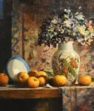 Mat Grogan, Blue Bowl, Japanese Vase and Mandarins, oil on canvas