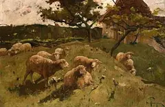 Harry Thompson British, Sheep on the Hillside, oil on canvas