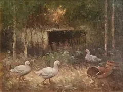 Michael Brett, Geese and Wild Garden, 1990, oil on board