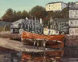 Ivan Sutton, Anti-fouling Old Trawler on Kinsale Slipway, oil on canvas board