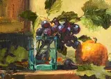 Mat Grogan, Grapes with Vine Leaves, oil on board