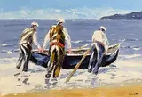 Ivan Sutton, Launching the Currach, Aran Mor, Co Galway, oil on canvas board