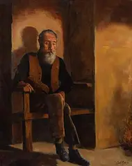 Fiddle by the Fire by Ted Jones, oil on canvas, sold Sep 2017