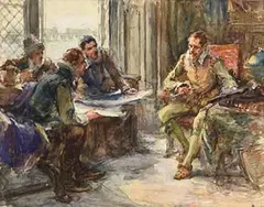 Sketch for Picture for Sir Walter Raleigh Discussing his Proposed Voyage to Virginia by Arthur David McCormick, watercolour, sold Sep 2017