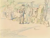 People at the Market by Mary Swanzy, coloured pencil drawing, offered Sep 2017