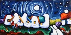 Annie Robinson, Village in the Moonlight, acrylic on canvas