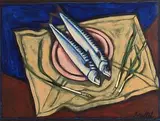 Graham Knuttel, Still Life with Mackerel, acrylic on card