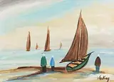 Launching the Boat by Markey Robinson, gouache on card, sold Aug 2017