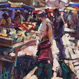 Market Day, Le Vigan, France by Arthur K. Maderson, oil on board, sold Aug 2017