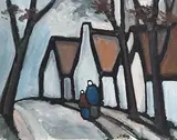 Returning to the Village by Markey Robinson, gouache on board, sold Jun 2017
