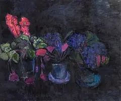 Cyclamen and African Violets by Alexey Krasnovsky, 2006, oil on canvas, sold Jun 2017