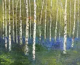 Hazel Revington Cross, Birch and Bluebells, oil on canvas