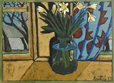 Graham Knuttel, Still Life on Window Sill, acrylic on card
