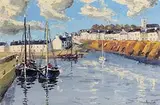 Ivan Sutton, Galway Hookers Berthed at Roundstone Harbour, oil on canvas board
