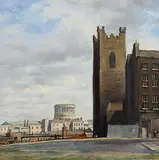 Thomas Ryan, The Four Courts and St Aodeons Church, Dublin, oil on board