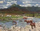 Cattle and Sheep by the River by Maurice MacGonigal, oil on board, sold Apr 2017