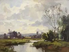 Frank McKelvey, Farmstead with Cows Grazing by the River, oil on canvas