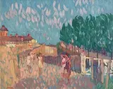 Railway Crossing, East Pier, Dun Laoghaire by Desmond Carrick, oil on board, sold Mar 2017